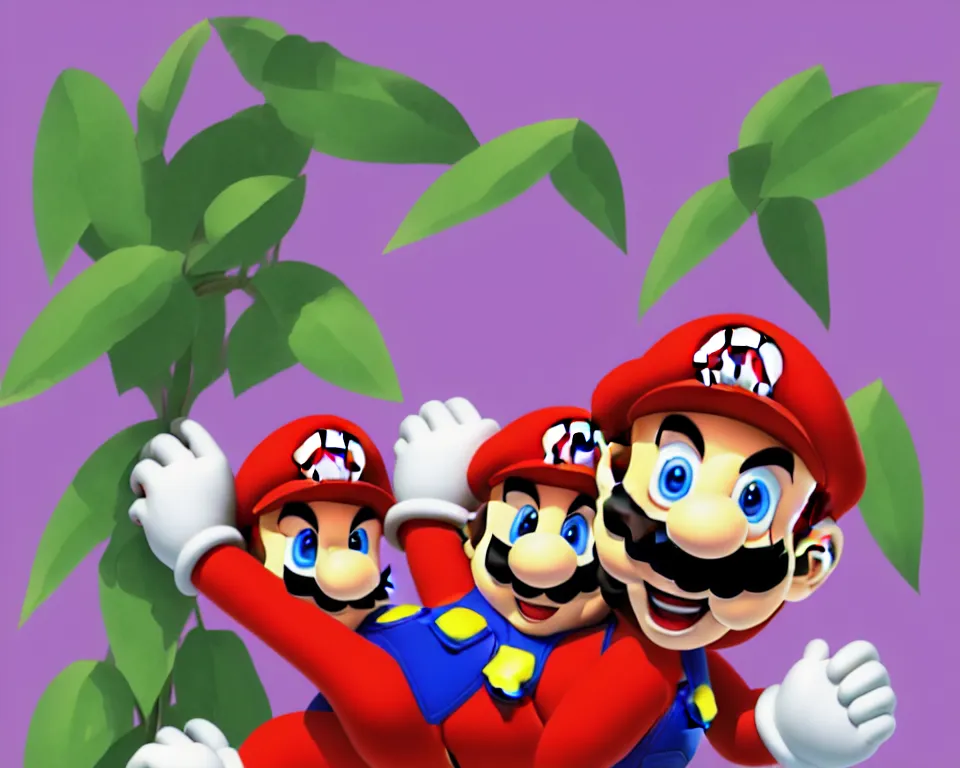 Prompt: mario laughing uncontrollably, romantic, enchanting, achingly beautiful, graphic print, trending on artstation, jungle, tropical, foliage