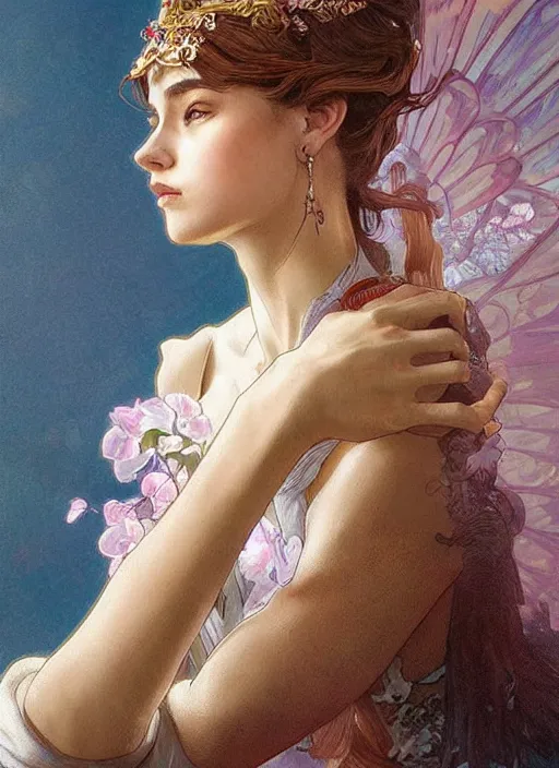 Image similar to queen, dainty wilder face, incredibly detailed face, pretty face, light dress, true anatomy, art by artgerm and greg rutkowski and alphonse mucha