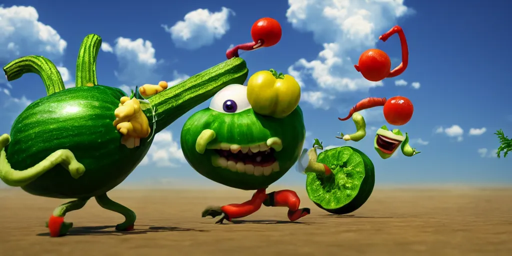 Image similar to detailed 3 d render of a mad zucchini character with arms and legs and a long sword chasing after a tomato character, hyper realistic octane render, cinematic lighting, pixar surrealism