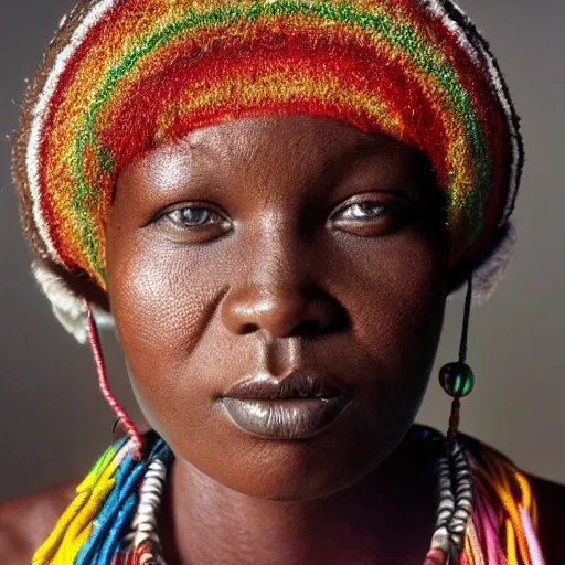 Prompt: a ultra high resolution photo of a black woman from zulu tribe. her head is slightly turned. face is clear and symmetrical. the light is dim and the colours are muted. kodak etkar 1 0 0