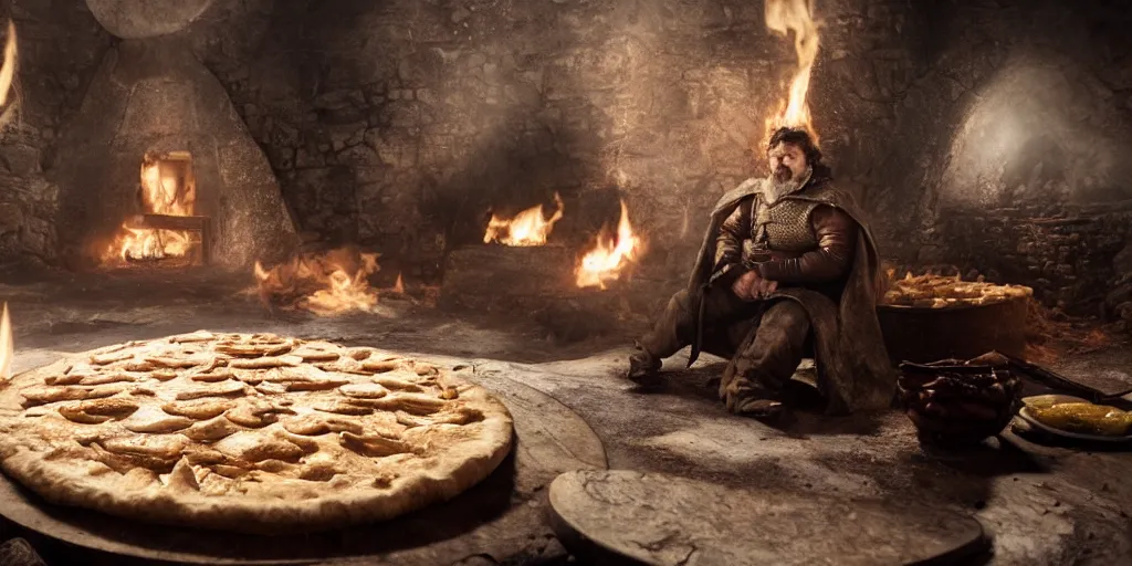 Prompt: A Game of Thrones, 'Hot Pie' baking some dire wolf bread, epic, cinematic, volumetric lighting,- H 576