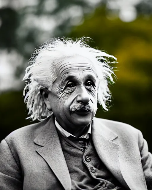 Prompt: A realistic photo of Albert Einstein, bokeh, 90mm, f/1.4