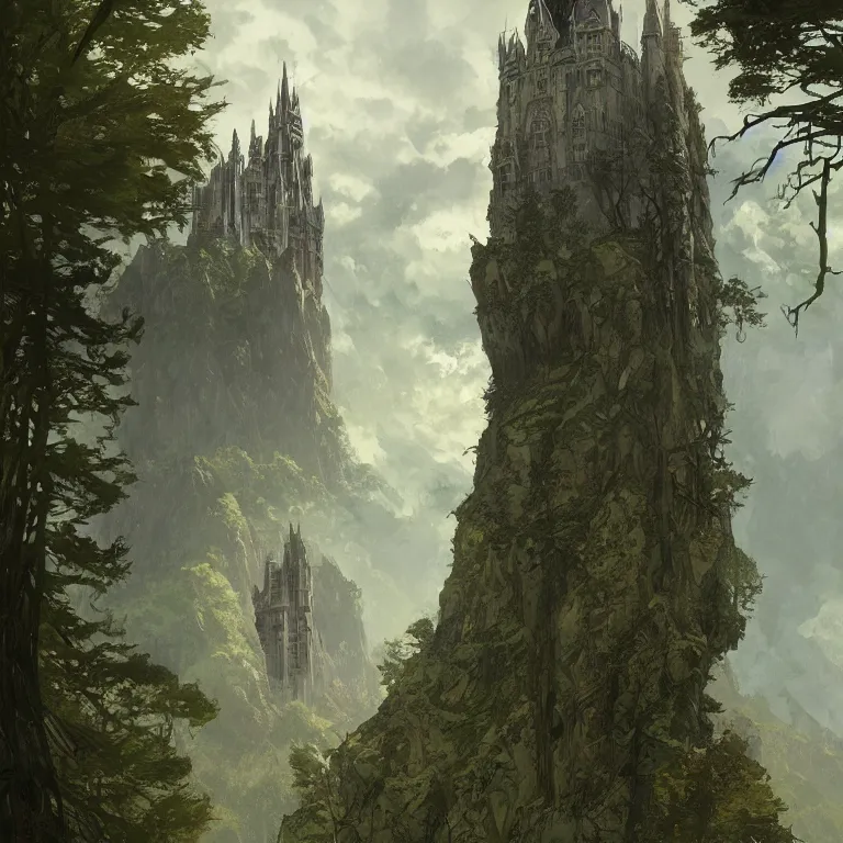 Prompt: digital art painting of tolkien inspired high castle with wizard towers and walls, elegant architecture on top of a green forest, artstation art by greg rutkowski and alphonse mucha