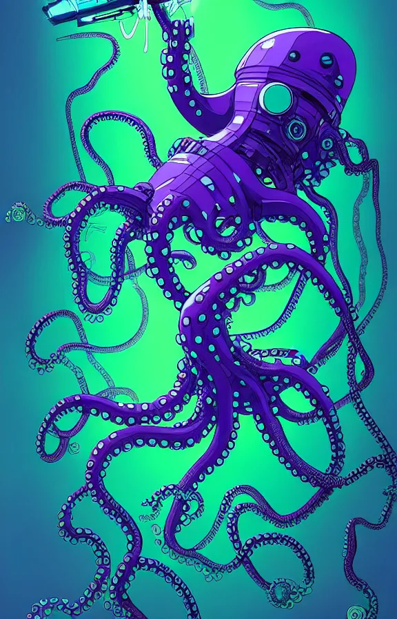 Prompt: robotic cyberpunk octopus by miyazaki, blue green purple color palette, illustration, kenneth blom, mental alchemy, james jean, pablo amaringo, naudline pierre, contemporary art, hyper detailed