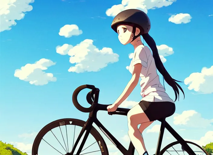 Prompt: portrait of cute girl riding road bike, sunny sky background, lush landscape, illustration concept art anime key visual trending pixiv fanbox by wlop and greg rutkowski and makoto shinkai and studio ghibli and kyoto animation, symmetrical facial features, sports clothing, black road bike helmet, nike cycling suit, backlit, aerodynamic frame, gta 5