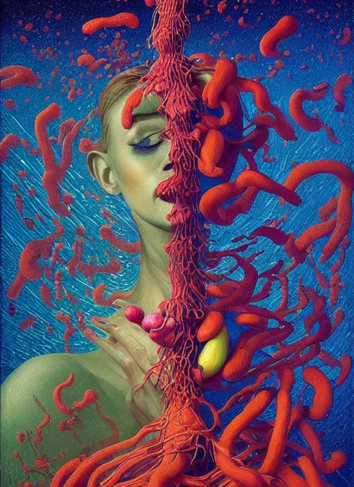 Prompt: hyper detailed 3d render like a Oil painting Houdini render - Aurora (Singer) Eats of the Strangling Fruit and Her gossamer polyp blossoms bring iridescent fungal flowers whose spores black the foolish stars by Jacek Yerka, Mariusz Lewandowski, Abstract brush strokes, Masterpiece, Edward Hopper and James Gilleard, Zdzislaw Beksinski, Mark Ryden, Wolfgang Lettl, hints of Yayoi Kasuma, octane render, 8k