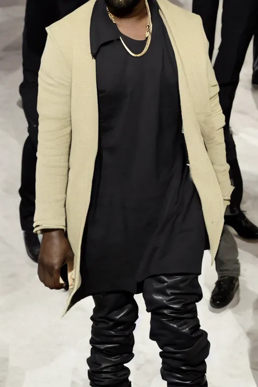 Image similar to kanye west wearing a suit made of skin, runway photo