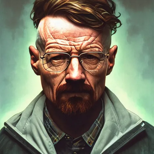 Image similar to high quality illustration, walter white realistic portrait, by etam cru, cyberpunk, alphonse mucha, riot game, beautiful, epic camera, alexandre bourlet, colorful background, arcane, lois van baarle, league of legend, digital painting, james jean, dynamic colors, greg rutkuwsky, artstation, concept art, neon