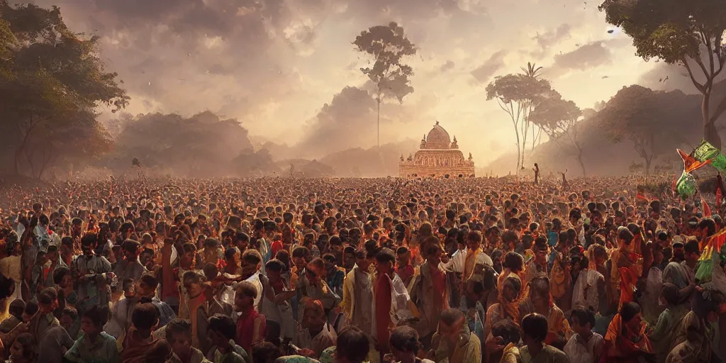 Prompt: cultural activities at a local school in india on independence day, cinematic composition, a fantasy digital painting by greg rutkowski and james gurney, trending on artstation, highly detailed, hyperrealistic, realistic, photorealistic, dynamic lighting, highly detailed, cinematic landscape, studio landscape, studio lighting