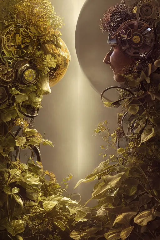 Image similar to a beautiful intricate fine art RPG portrait photo of a mechanical industrial steampunk cybernetic yin yang symbol, overgrown with morning glory flowers, montsera leaves by tom bagshaw and zach sutton, golden ratio composition, studio lighting, 50mm lens, very detailed, bionic, cybernetic scifi, deep depth of field, artstation, 8K, highly coherent