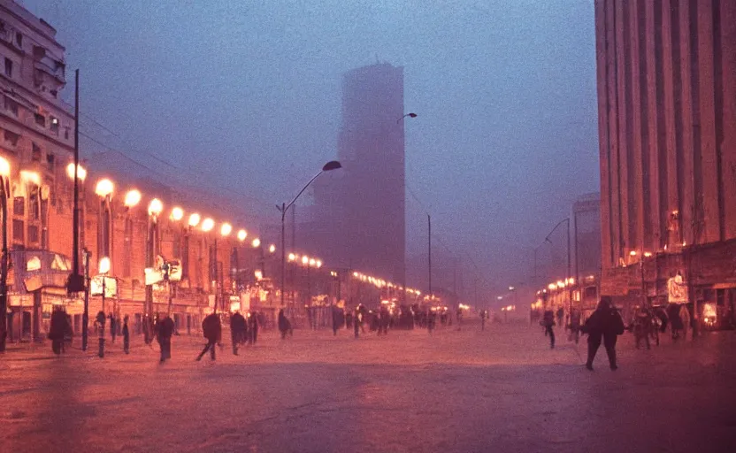 Image similar to 40s movie still of a sovietic street with many pedestrians silhouette with soviet highrise in the backround , Cinestill 800t 18mm, heavy grainy picture, very detailed, high quality, 4k panoramic, HD criterion, dramatic lightning, streetlight at night, rain, mud, foggy, CCCP flags all around