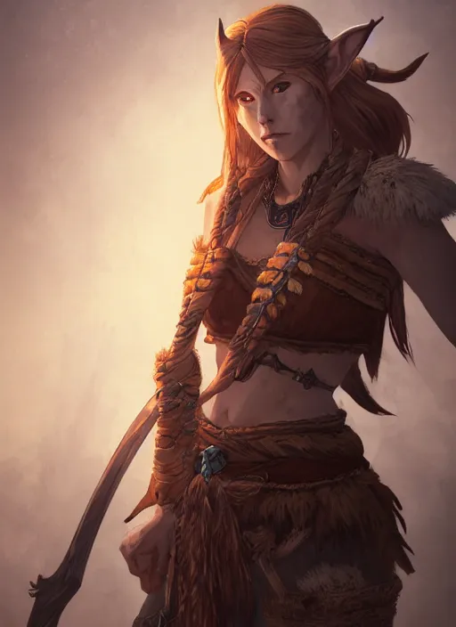 Image similar to a portrait of ssunbiki as aela the huntress from skyrim, intricate, tone mapped, ambient lighting, highly detailed, digital painting, artstation, concept art, sharp focus, by makoto shinkai and akihiko yoshida and hidari and wlop