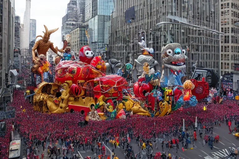 Image similar to photo of giant elaborate parade float designed by geoff darrow!!!! and ( ( ( ( ( ( hr giger ) ) ) ) ) ), in the macys parade, detailed 4 k photo