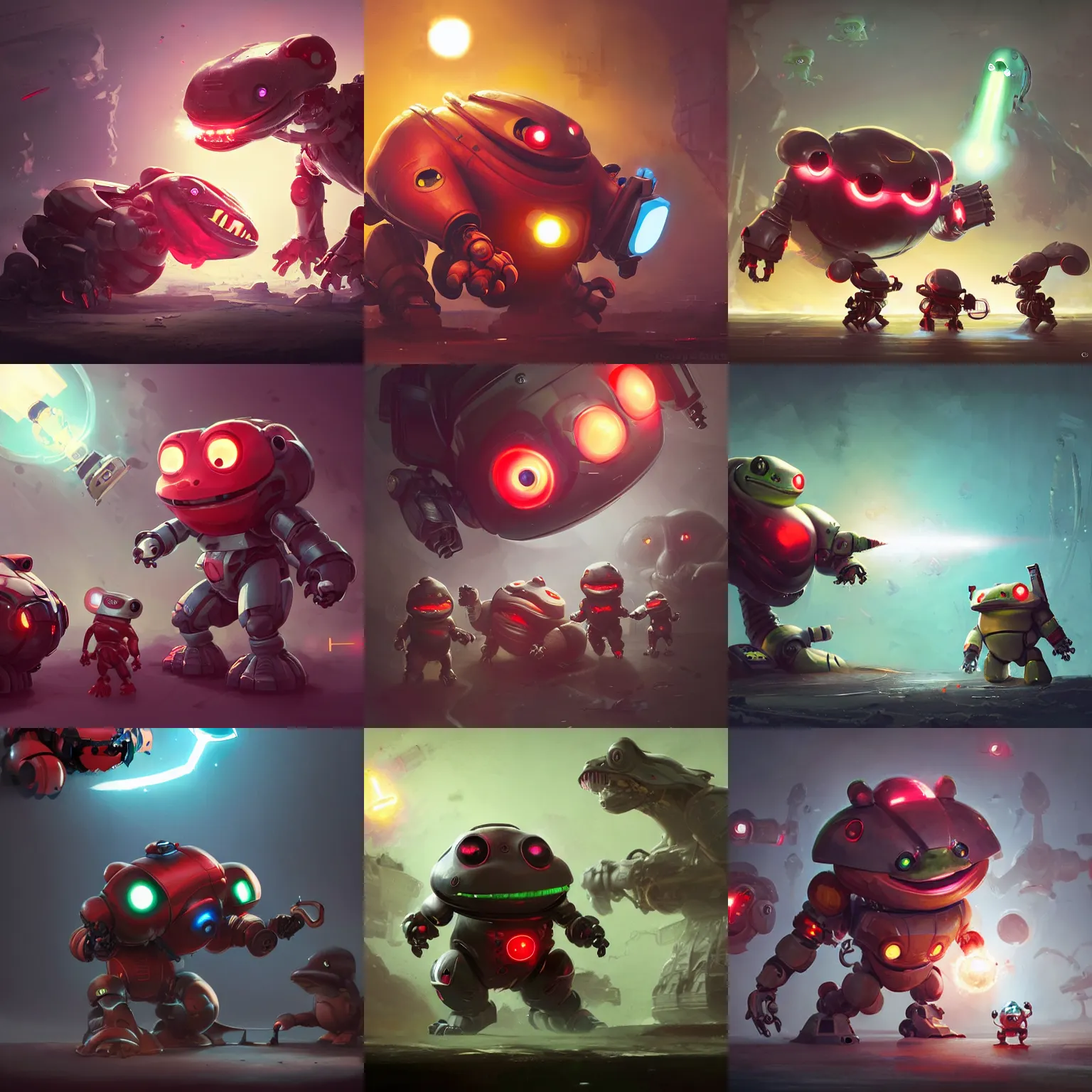 Prompt: sideview of cute chubby dangerous angry 3 years old robots kids in battle pose ruling the world with big glowing laser red eyes and big frog mouth , big complex belly mechanism , studio light, wapor wave retro design trending by greg rutkowski