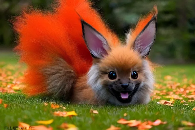 Image similar to real life flareon pokemon, cute!!!, heroic!!!, adorable!!!, playful!!!, fluffly!!!, happy!!!, cheeky!!!, mischievous!!!, ultra realistic!!!, autumn, clear weather, ( golden hour ), sharp focus