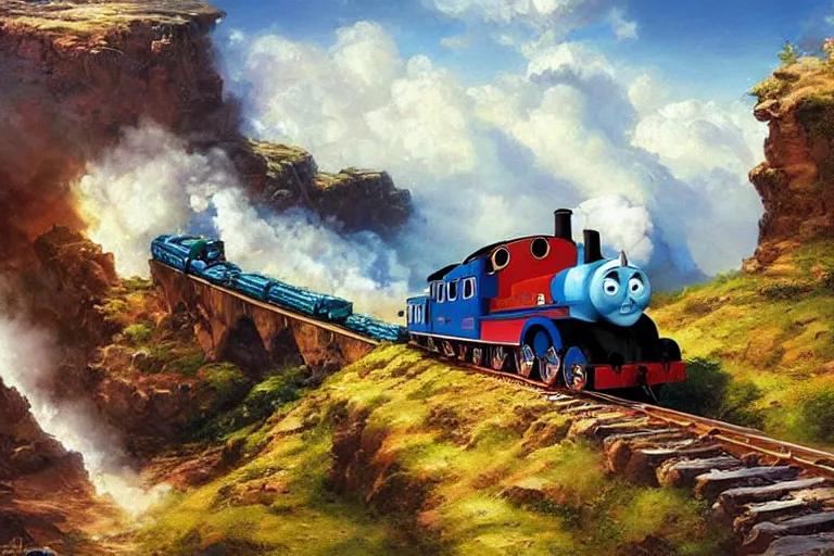 Image similar to thomas the tank engine ramping off a cliff because tracks ended, an oil painting by ross tran and thomas kincade