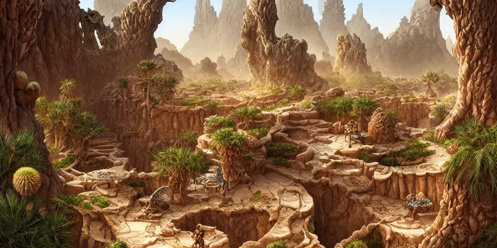 Image similar to a fantasy desert oasis landscape, ruins, bones, grottoes, arid ecosystem, digital illustration by michael whelan and leyendecker and artgerm, intricate details, surreal, photorealistic, award winning