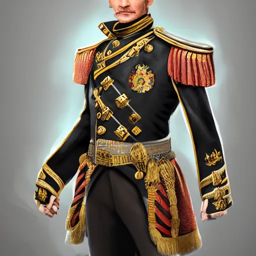 Prompt: full body portrait of Barney Stinson dressed as a prussian general, digital art, highly detailed, award winning, concept art, intricate, sharp focus, masterpiece, Trending on Artstation HQ, unreal engine 5, 4K UHD image