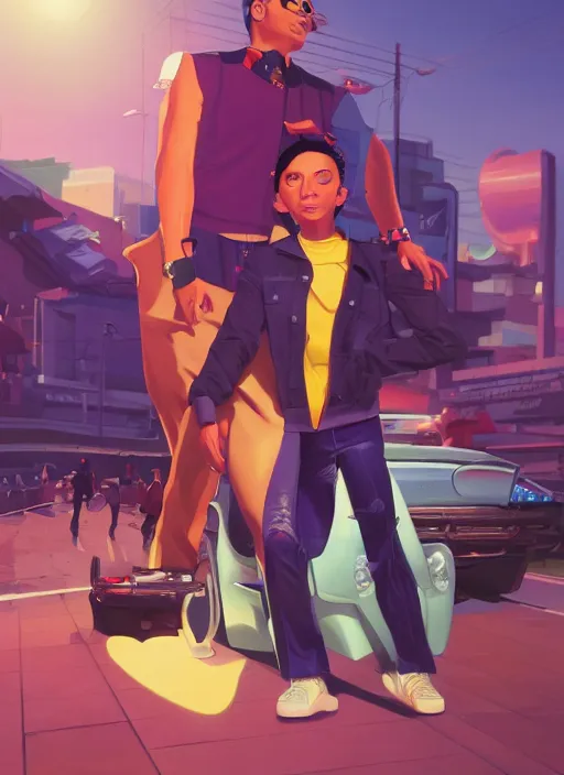 Prompt: latino - futurist latinos, zoot suits and lowriders, fashionable, driving the metaverse | hyperrealistic oil painting | by makoto shinkai, ilya kuvshinov, lois van baarle, rossdraws | afrofuturism, in the style of boondocks, trending on artstation | dark color scheme