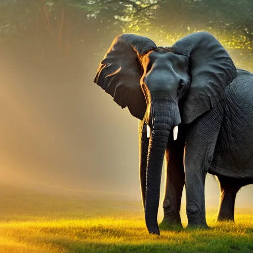 Image similar to A portrait of an elephant in a forest, natural lighting, sunbeams, golden hour, misty atmospherics