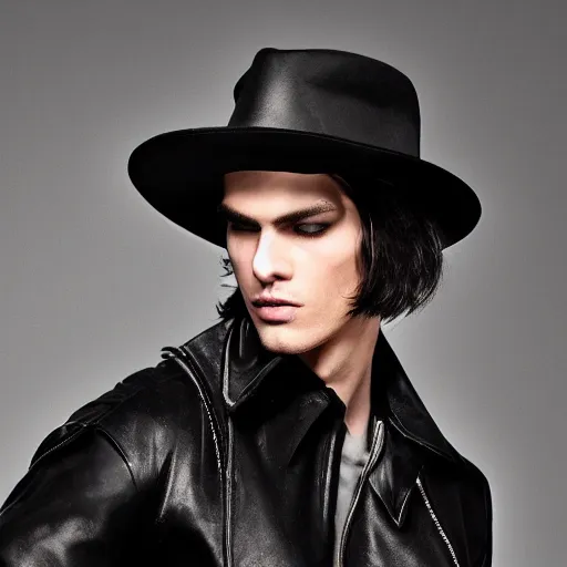 Prompt: a male model wearing a black leather hat, frontal view, cool looking