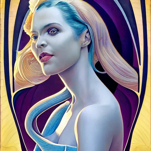 Image similar to an art nouveau, ( streamline moderne ), multi - racial portrait in the style of donato giancola and anna dittmann and charles dulac. very large, clear, expressive, and intelligent eyes. symmetrical, centered, ultrasharp focus, dramatic lighting, photorealistic digital matte painting, intricate ultra detailed background.