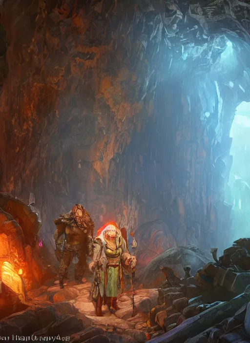 Prompt: Dwarven miner exploring deep caverns. Fantasy concept art. Moody Epic painting by James Gurney, and Alphonso Mucha. ArtstationHQ. painting with Vivid color. (Dragon age, witcher 3, lotr)