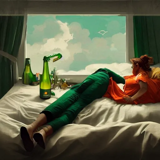 Image similar to guinness bottles and young man in orange shirt and a girl in green shirt sleeping in bed, highly detailed, digital painting, artstation, concept art, smooth, sharp focus, illustration, art by artgerm and greg rutkowski and alphonse mucha