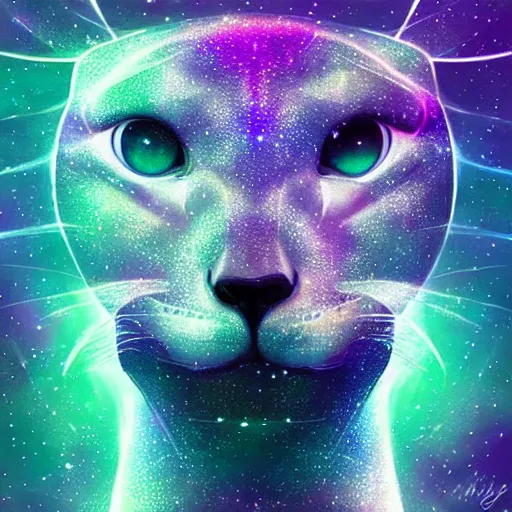 Image similar to Geometric symmetrical fossa with galaxy eyes in space, nebula in the background, intricate, elegant, highly detailed, digital painting, artstation, concept art, smooth, sharp focus, illustration, art by artgerm