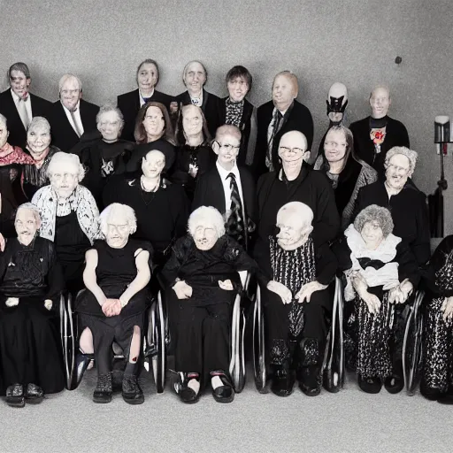 Image similar to an old age home for geriatric satan goths. photograph group portrait.