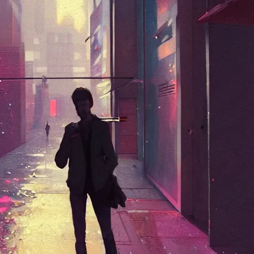 Image similar to concept art by greg rutkowski, a very tall and slender young man walking through the interior of a brutalist looking neighborhood full of holograms and shops while he smokes a cigarette, ambient lighting in neon tones, scifi, highly detailed portrait, digital painting, artstation, concept art, smooth, sharp foccus ilustration, artstation hq