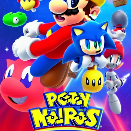 Image similar to super mario, kirby, sonic the hedgehog, super smash bros, star wars themed movie poster high detail accurate eyes and good gesture poses, pokemon anime cartoon style