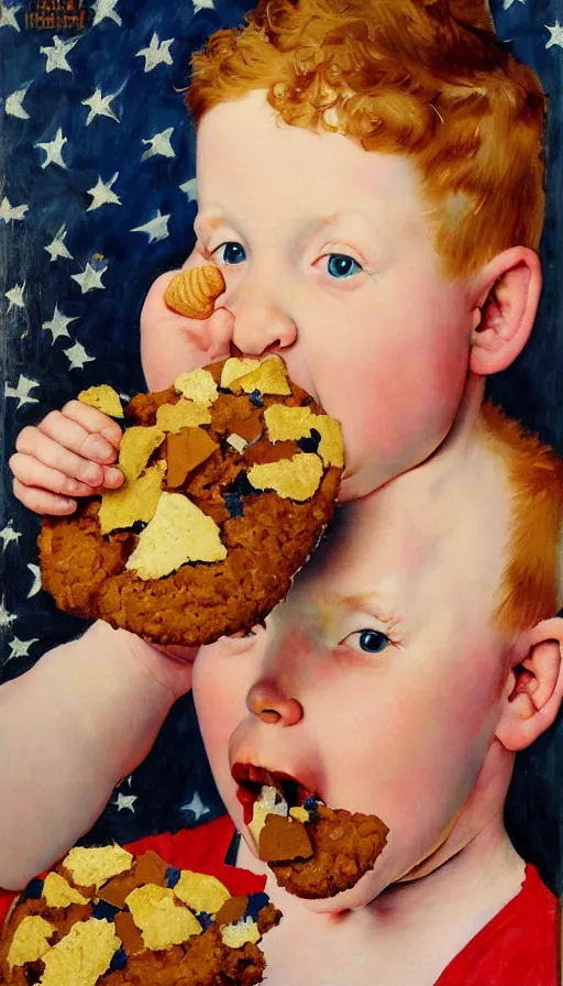 Image similar to painting of a stoned ginger hair chubby boy eating a delicious cholocate chunks cookies, buzz cut, america, norman rockwell