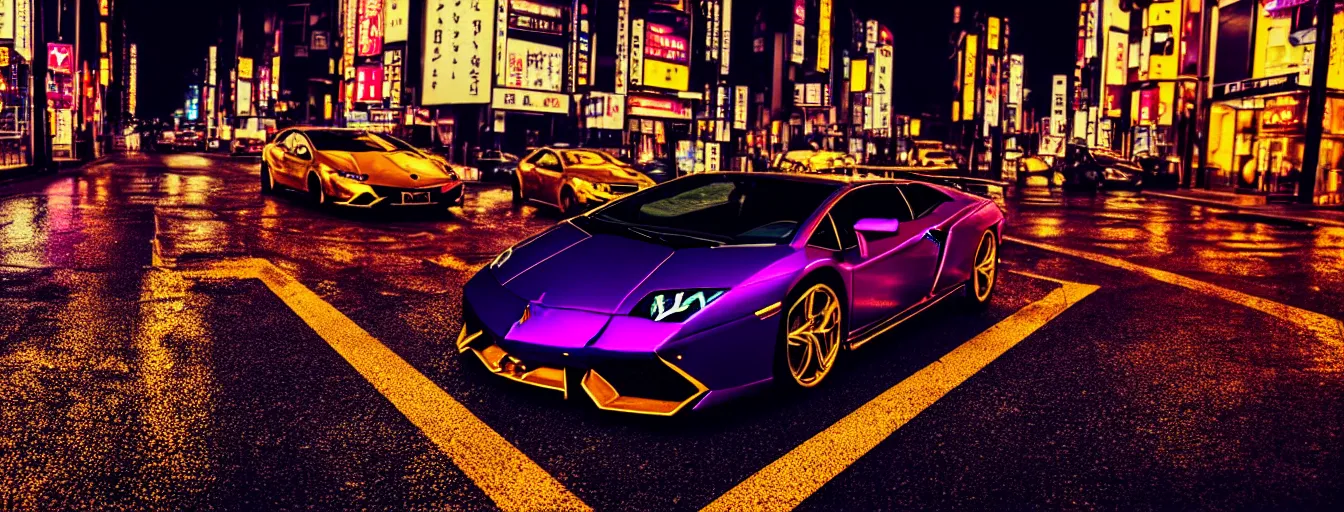 Image similar to gold lamborghini on a dark tokyo street at night with purple neon lights, raining, cinematic, HDR photo