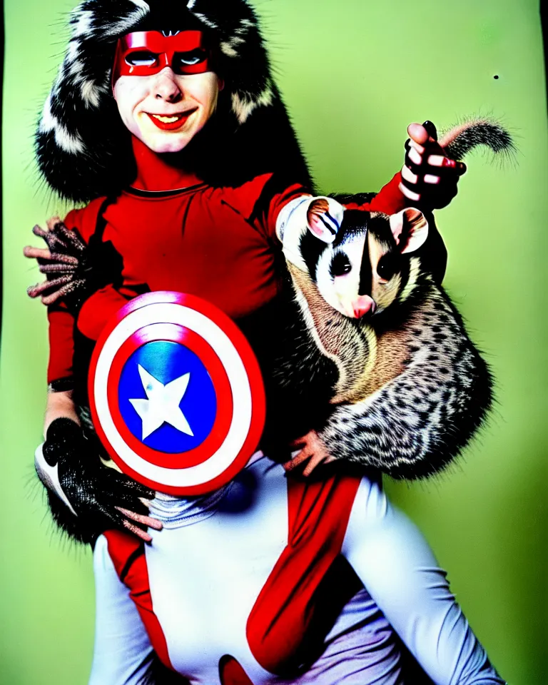 Prompt: new marvel superhero opossum girl, solo portrait, 1 9 7 0 s photo