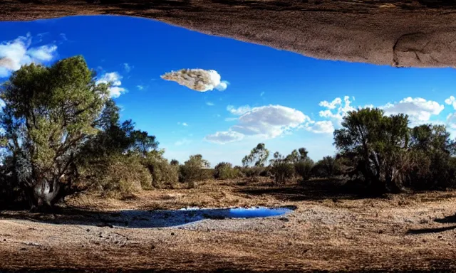 Image similar to beautiful panorama of many magnificent big upside-down raindrops in a perfect cloudless blue sky above a dried up river surrounded by desolate land and dead trees, blue sky, hot and sunny highly-detailed, elegant, dramatic lighting, artstation, 4k, cinematic landscape, masterpiece photograph by Elisabeth Gadd