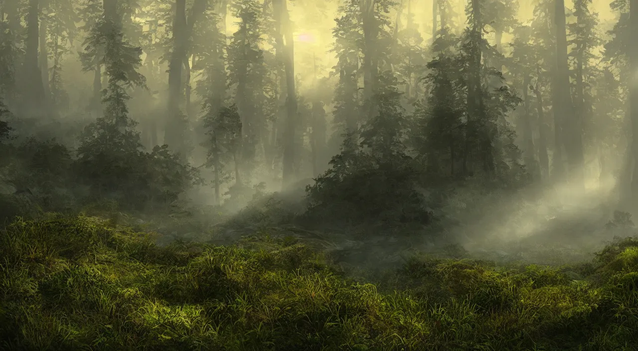 Image similar to photorealistic matte painting of me burns standing far in misty overgrowth undergrowth jagged rock features volumetric fog light rays high contrast dawn