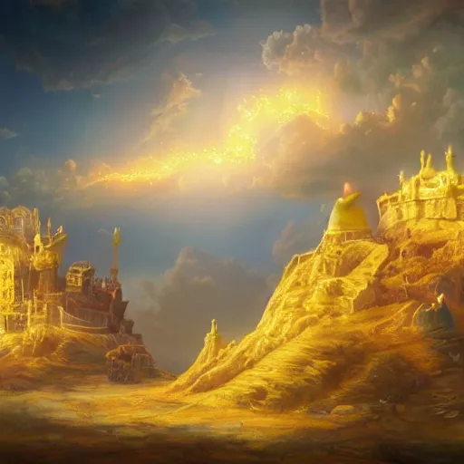 Prompt: a big fort made of glowing golden material, cosmic, surreal, photorealistic, clouds, oil painting, matte painting, 8 k,