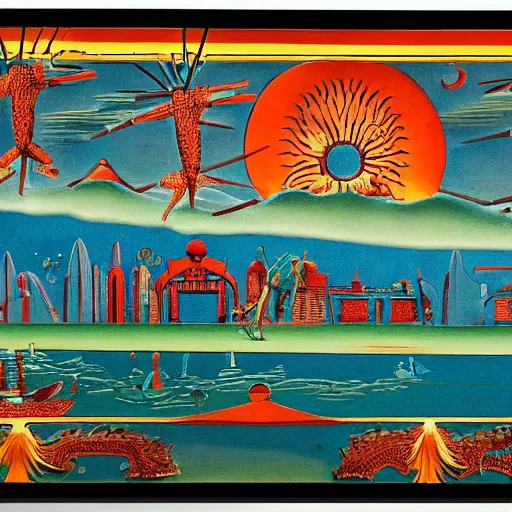 Image similar to aesthetic by george pemba, by heinrich lefler mexican muralism, charming. a sculpture of a group of flying islands, each with its own unique landscape, floating in the night sky. the islands are connected by a network of bridges. a small group of people can be seen walking along one of the bridges.