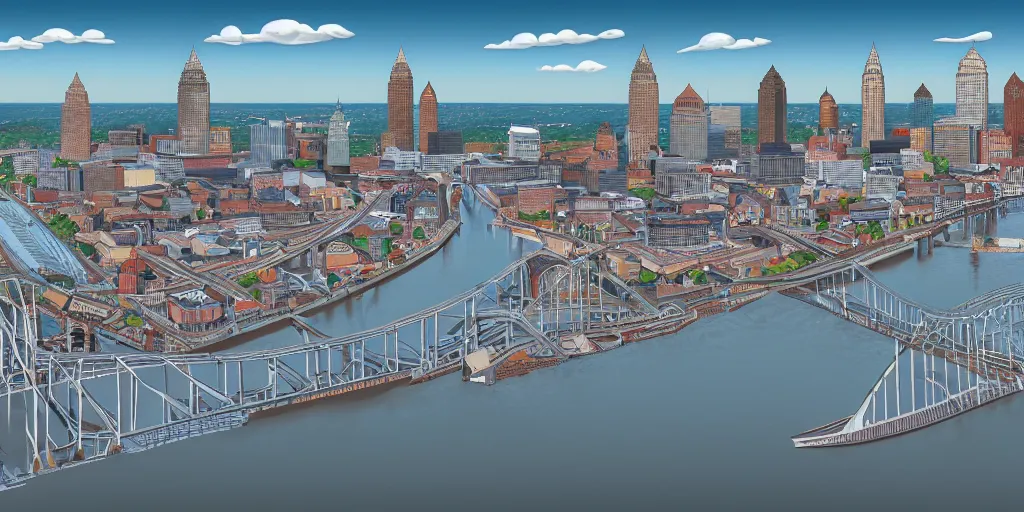 Image similar to cleveland skyline, escher, masterpiece, highly detailed, 4 k