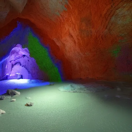 Image similar to cave with big crystals, 8k, colorful, super detailed, super realistic, sharp, volumetric light, ray traced