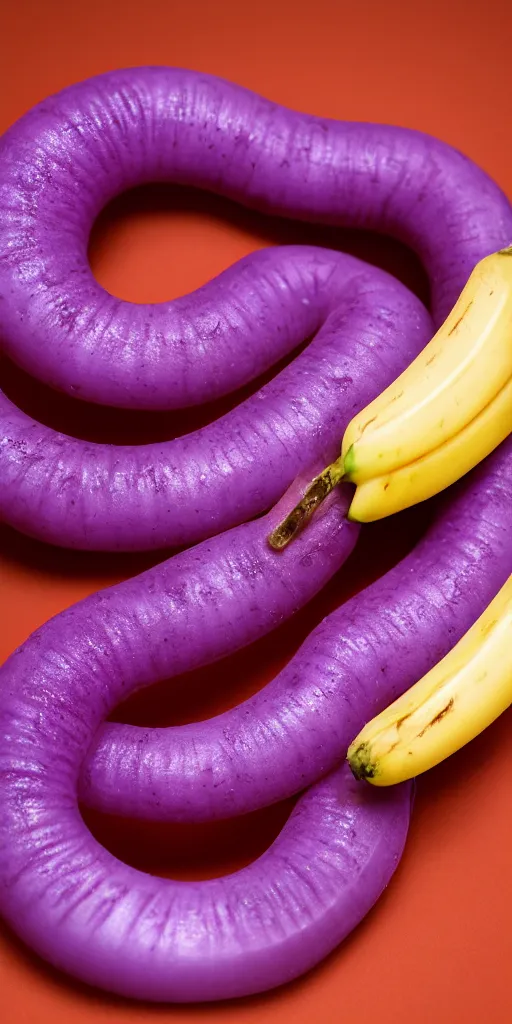 Prompt: a purple ribbed rubber worm smiling from inside a half peeled banana, studio photo, spot lighting, small depth of field, portrait