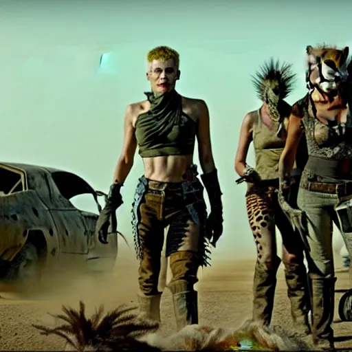 Image similar to a film still from the movie mad max fury road of the anthropomorphic anthro cheetah wolf lizard raiders wearing scavenger clothes standing in the post apocalyptic wasteland