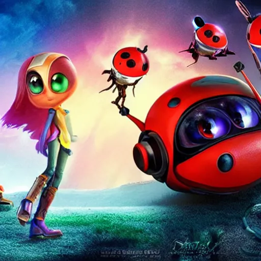 Image similar to promotional movie still, ladybug futuristic ( ( descendants ) ), ladybug quadruped with big rgb eyes, huge ladybug mothership, space western, dramatic lighting, the fellowship of the ring ( film ), ( ( ( wall - e ( film ) ) ) )