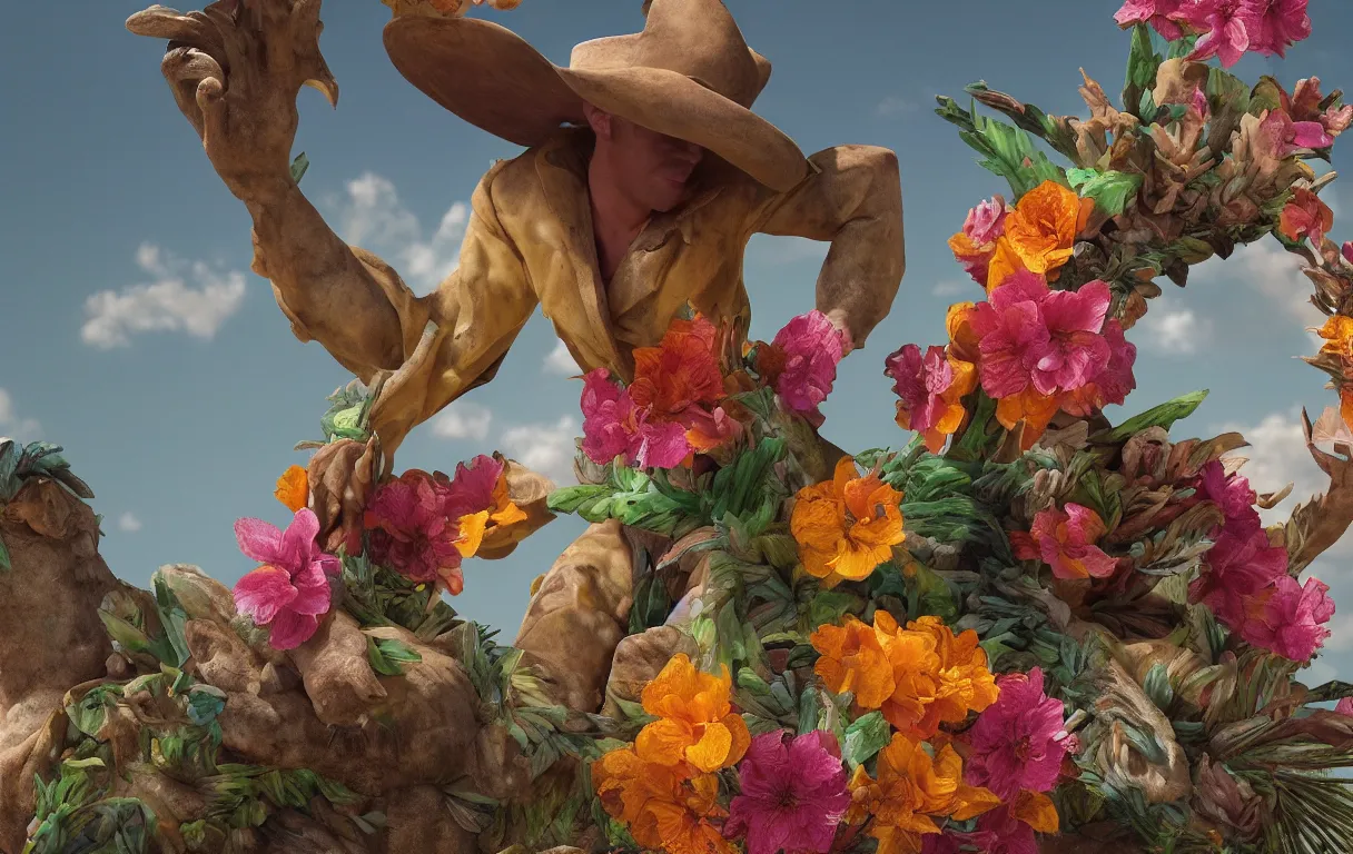 Image similar to a cowboy turning into blooms. tropical sea slugs, tractor tires. complementary colors. national geographic. 8 k, rendered in octane, smooth gradients. sculpture by antonio canova