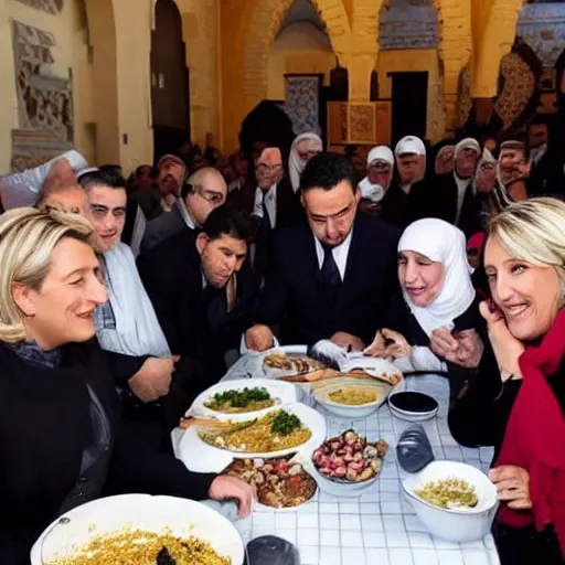 Prompt: marine lepen eating couscous with many arabic people in a synagogue