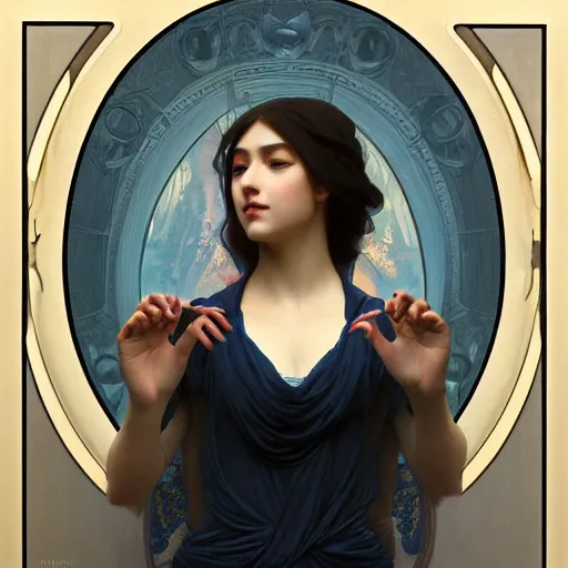 Image similar to lucid dreaming of a faceless girl bleeding into a mirror, intricate, art by artgerm and greg rutkowski and alphonse mucha and william - adolphe bouguereau, high detailed, 4 k,