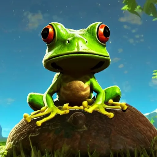 Image similar to a warrior frog atop a mushroom in breath of the wild