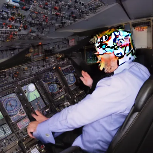 Image similar to Donald Trump in the pilot's seat in an aircraft, screaming, angry, with his hands on the controls, 4k, high quality photograph