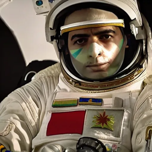 Prompt: close - up of a kurdish astronaut wearing a kurdistan flag badge in a movie directed by christopher nolan, movie still frame, promotional image, imax 7 0 mm footage